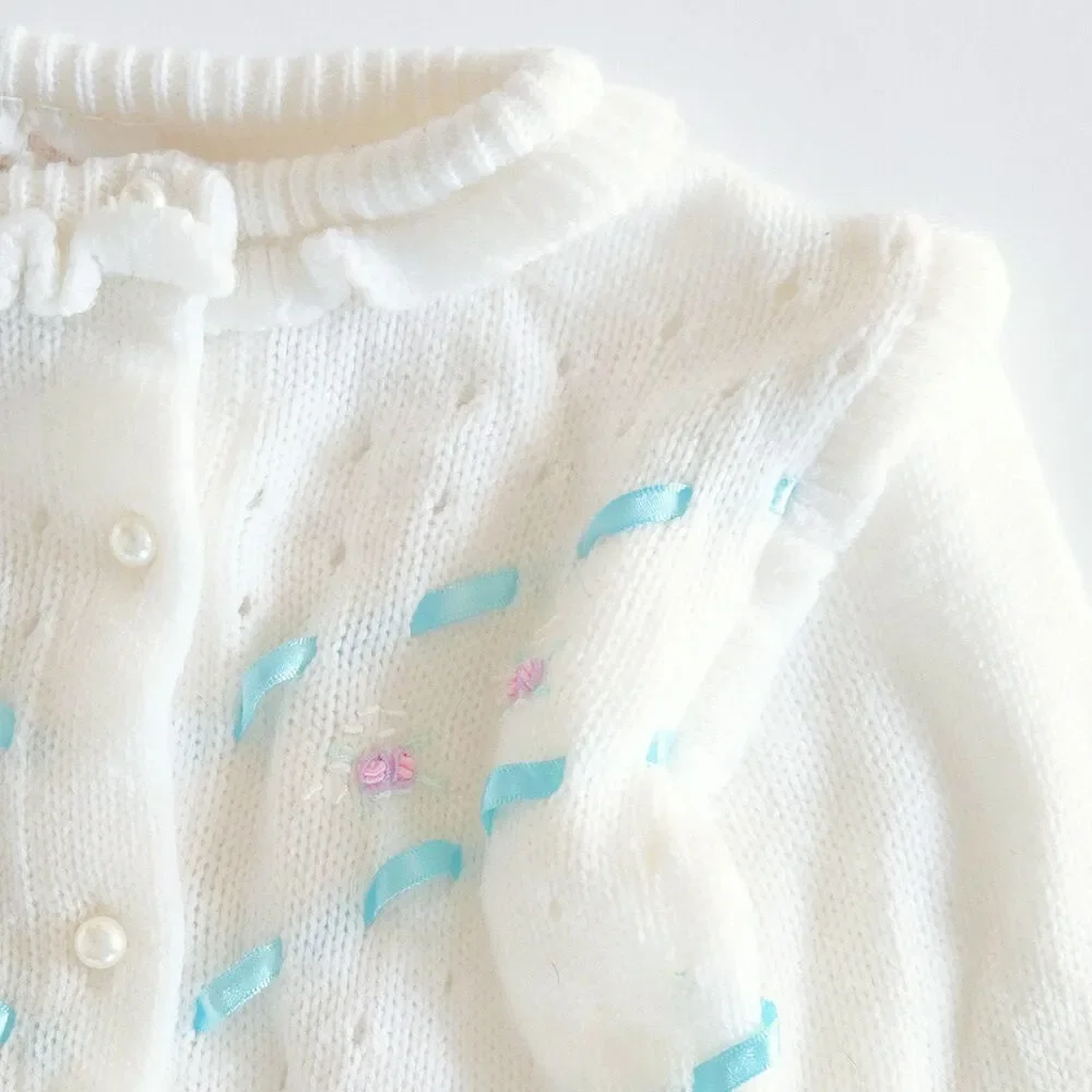 Vintage 1950s Baby Girl Cardigan Sweater | White Knit w/ Rosettes | Size 2T